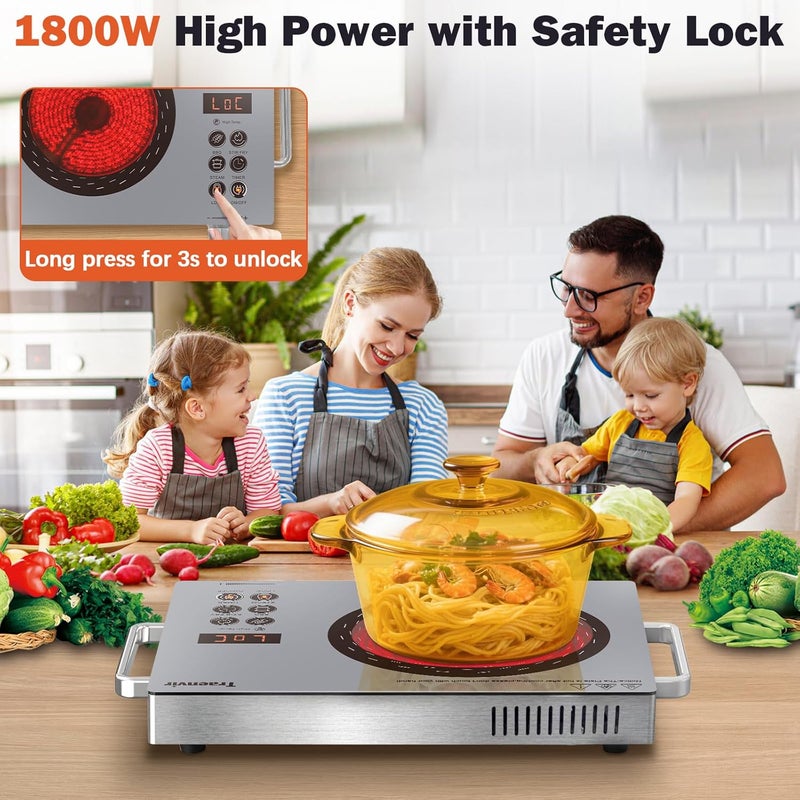 Traenvir Single Burner Electric Cooktop, Protable Electric Stove with Handle, Countertop Ceramic Stove top for Camping, Home, RVs, Child Lock, Timer, Steam, BBQ, Stir Fry,110V - 120V Plug in, Grey - Image 5